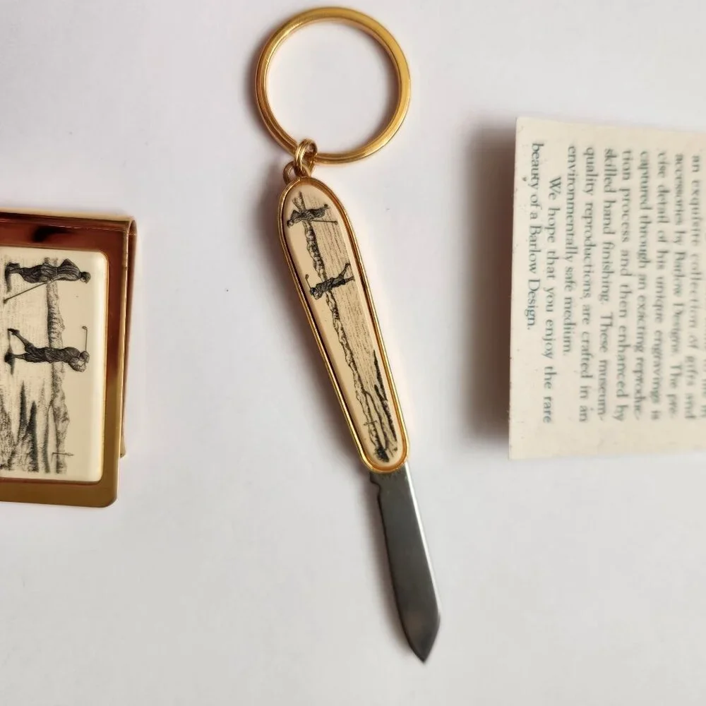 Vintage Barlow Designs Gold Money Clip and Keychain Set With Golfer Design